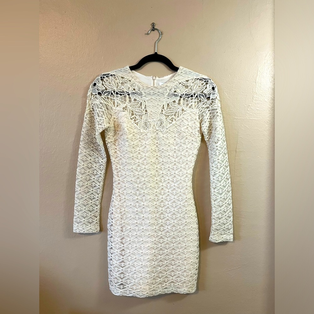 Dress the Population Cream White Long Sleeve Shimmer Lace Body-con Mini Dress XS